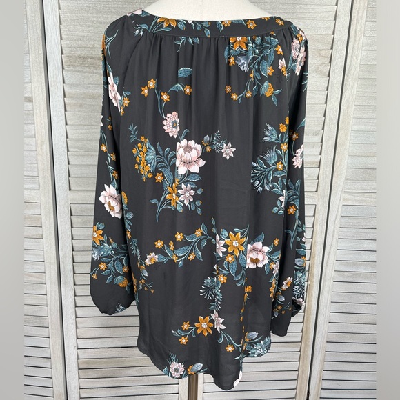 LOFT Floral Print V Neck Sheer Blouse Charcoal/Multi-Medium - Picture 3 of 3